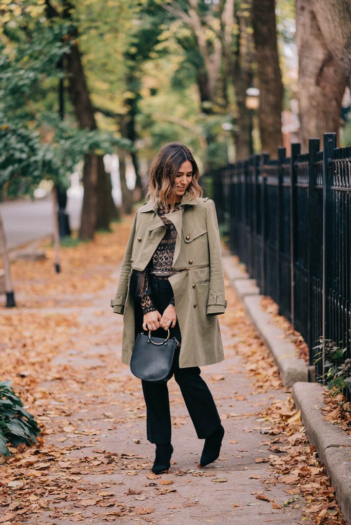Lace Cut Out Blouse and Olive Trench Coat