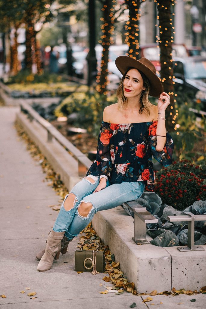 Multicolor Floral Off The Shoulder Blouse and Chicago Fashion Blogger