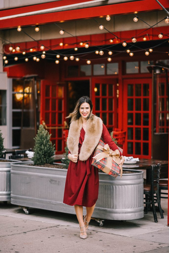 Faux Fur Stole and Red Wrap dress