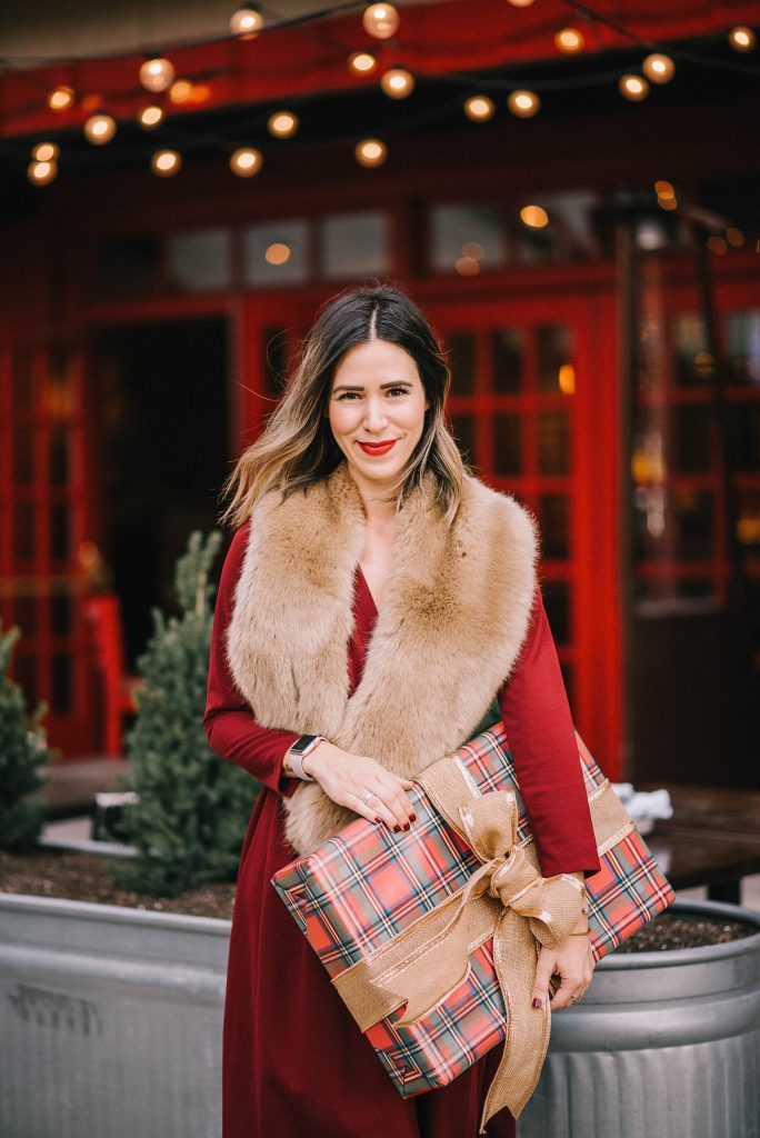 Red wrap dress for the holidays and faux fur stole