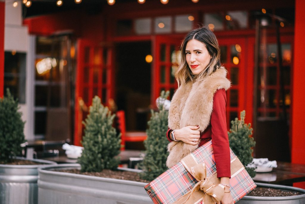 Red wrap dress for the holidays and chicago fashion blogger
