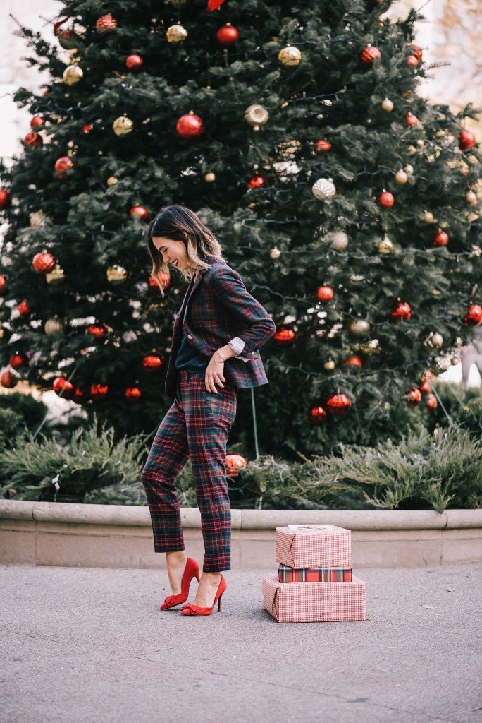 J.Crew Plaid Suit and Red Pumps with Bows