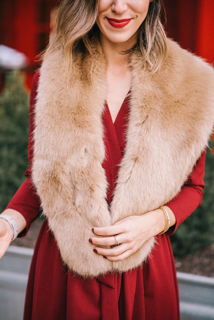 faux fur stole and red wrap dress for the holiday