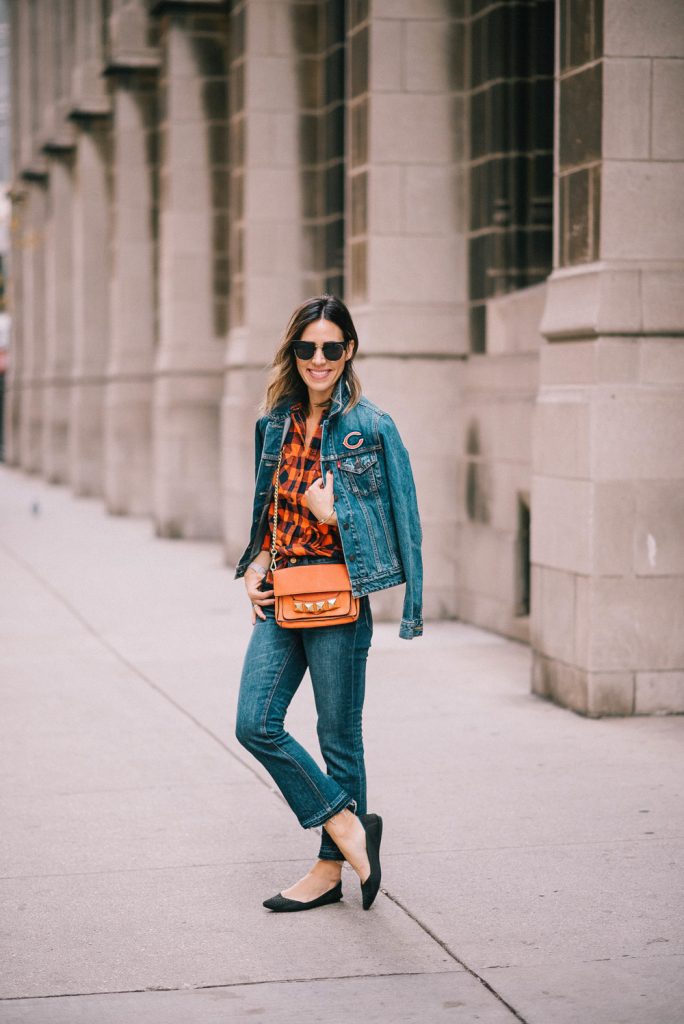 Blogger Mary Krosnjar sharing Super Bowl game day fashion ideas