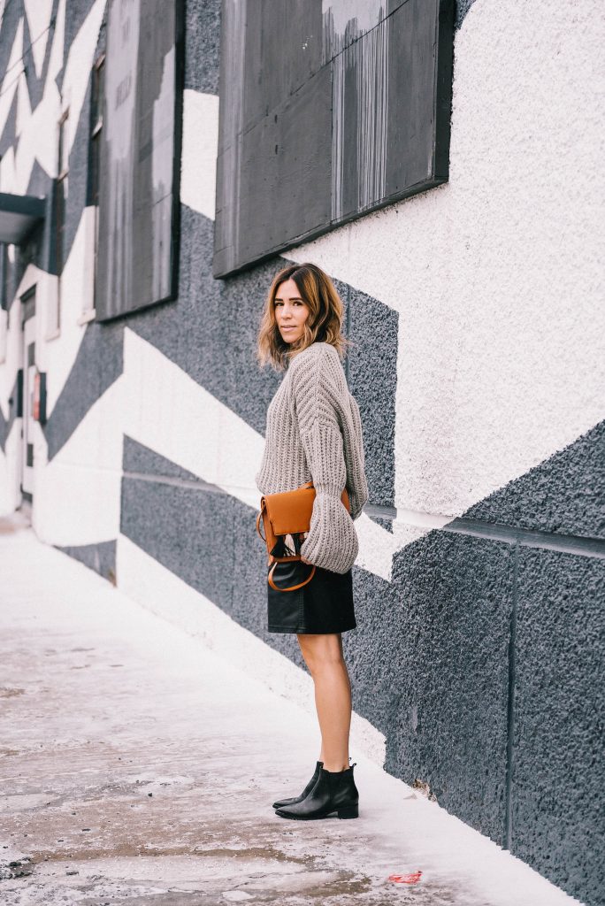 Blogger Mary Krosnjar and Grey Bell Sleeve Oversized Sweater