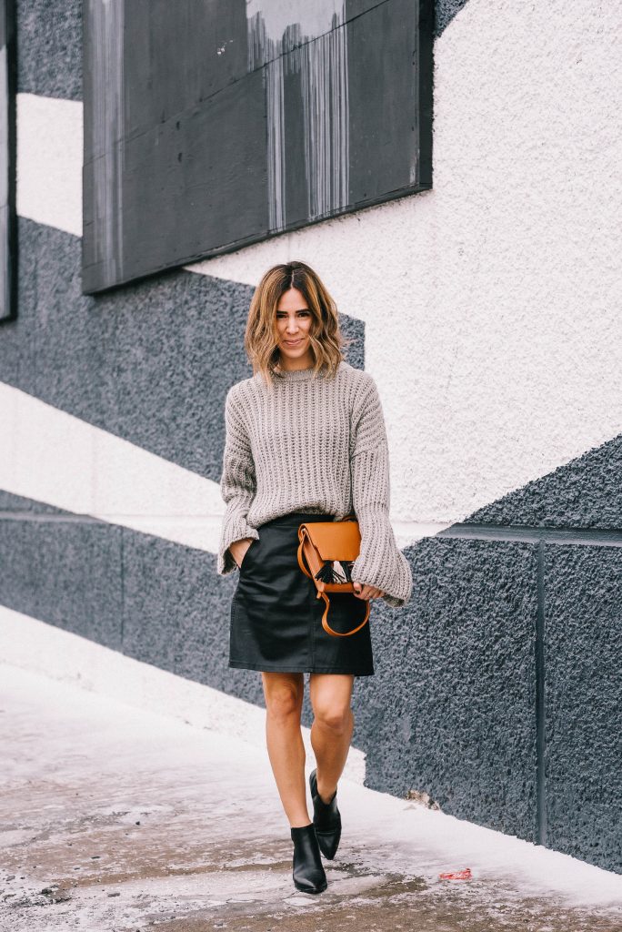Marc Fisher booties and Grey Bell Sleeve Oversized Sweater