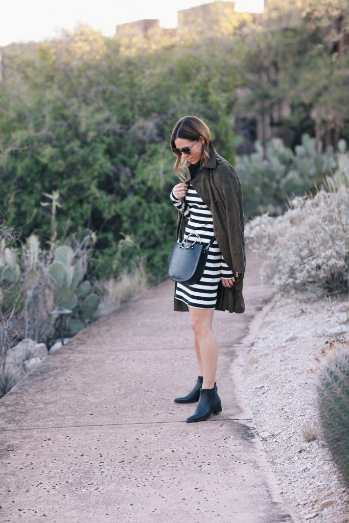 Striped Turtleneck Dress and Suede Trench Coat
