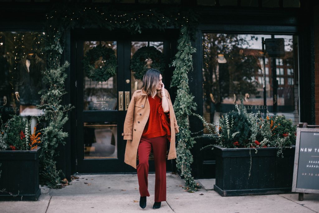Wool trench coat and burgundy work pants