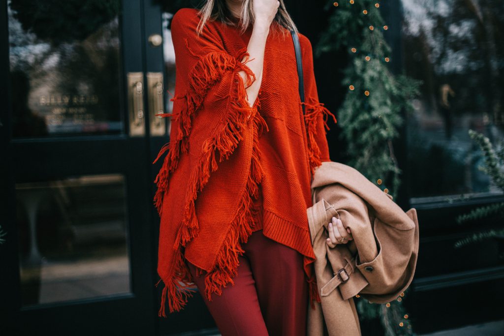 Fringe poncho and Wool trench coat