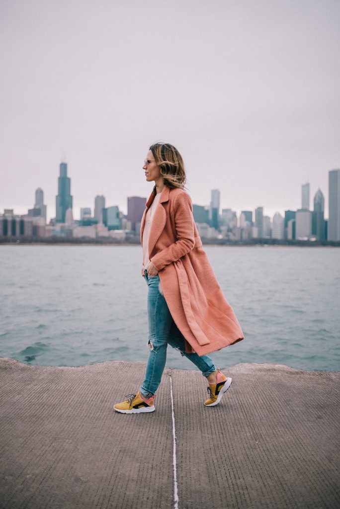 Chicago Fashion Blogger wearing Pink Lavish Alice wool Coat and Yellow Nikes
