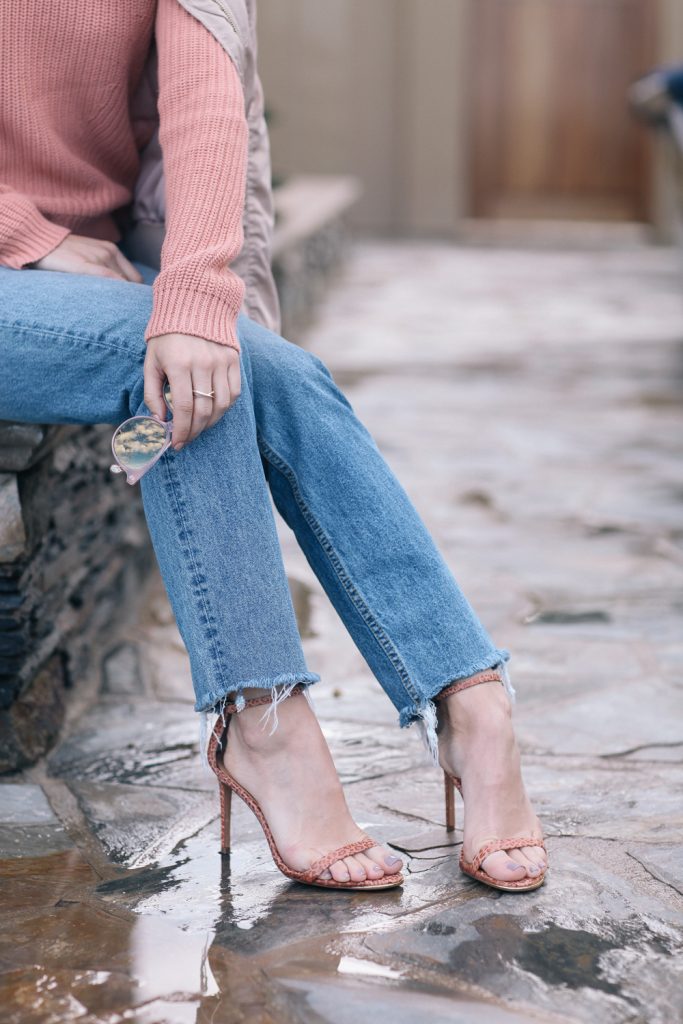 H&M distressed denim with nude strap sandals