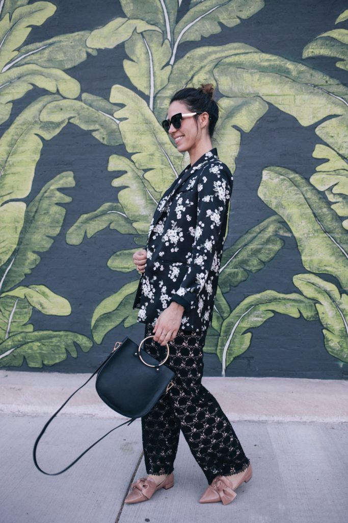 Blogger Mary Krosnjar wearing AMUR Floral Blazer and Lace Jumpsuit
