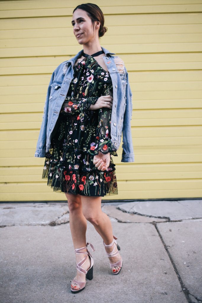 Blogger Mary Krosnjar wearing Rent the Runway Black Floral Dress and Valentino Velvet Sandals