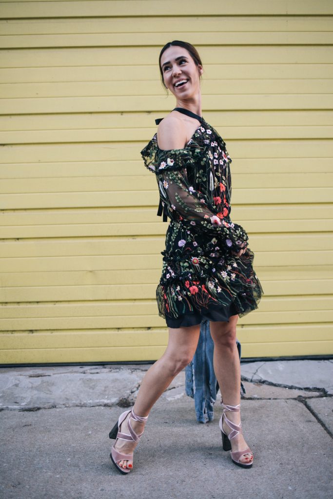 Blogger Mary Krosnjar wearing Alexis Black Floral Dress and Valentino velvet sandals