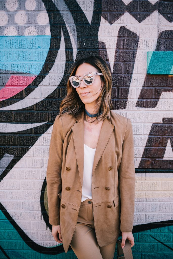 Blogger Mary Krosnjar wearing Suede Worth New York Blazer and Quay Mirrored Sunglasses