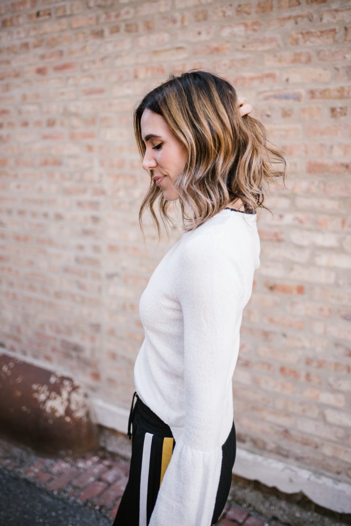 Blogger Mary Krosnjar with short hair ombre and Who What Wear Bell Sleeve Sweater