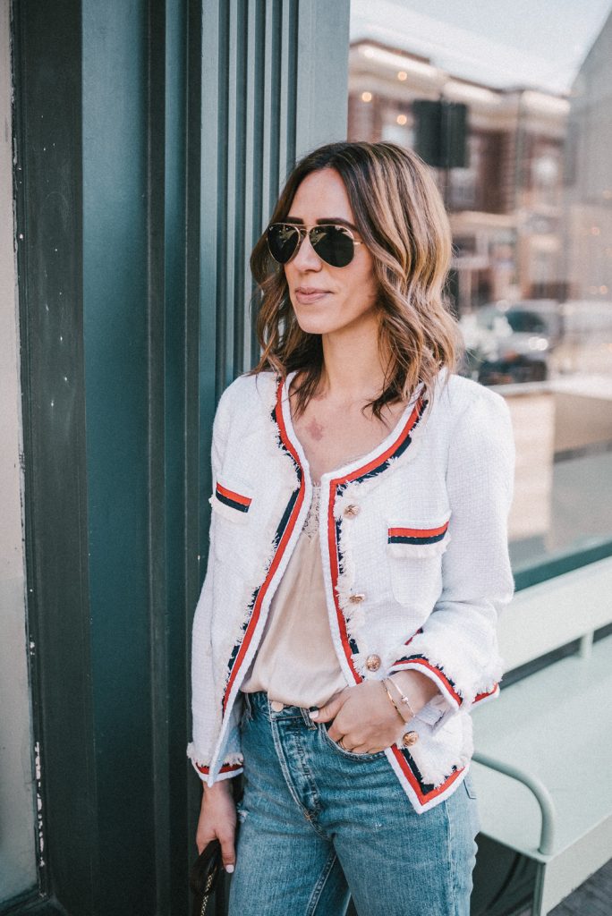 Blogger Mary Krosnjar wearing White Striped Trim Frayed Tweed Jacket and H&M Silk cami