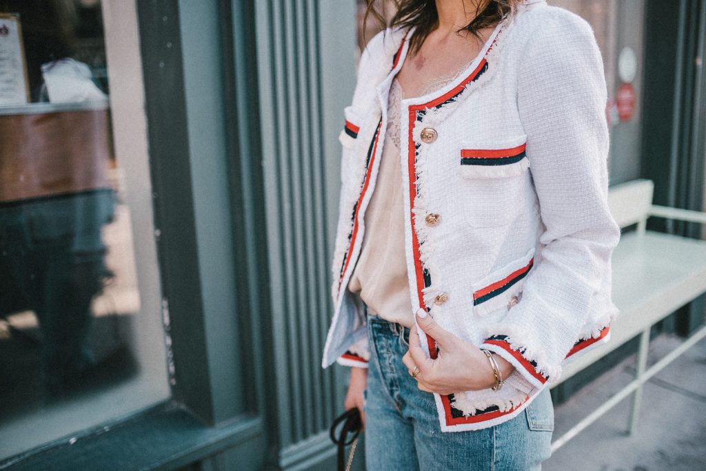 Blogger Mary Krosnjar wearing White Striped Trim Frayed Tweed Jacket and H&M Silk Cami