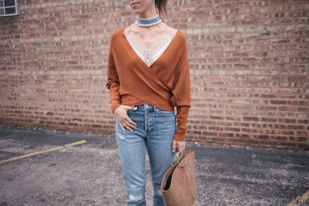 Weekend casual look with wrapped Shein sweater and boyfriend denim from H&M
