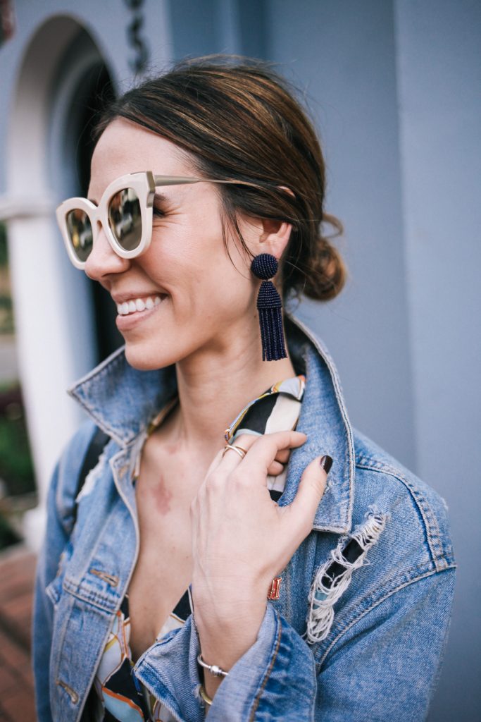 Blogger Mary Krosnjar wearing B.P. mirrored sunglasses and Oscar de la Renta earrings