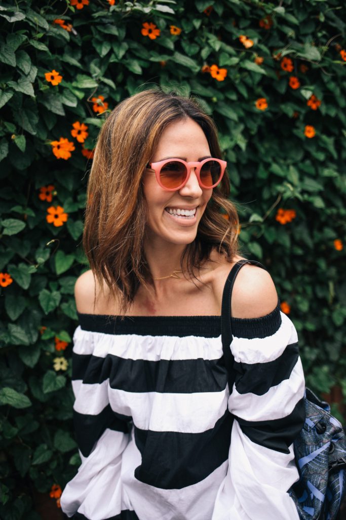 Blogger Mary Krosnjar wearing Pink Loft Sunglasses and MLM Label Off the Shoulder Top