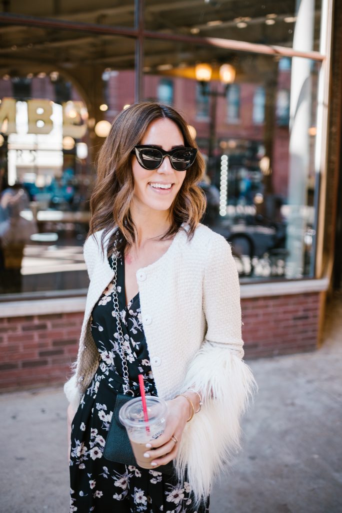 Blogger Mary Krosnjar wearing Quay Cat Eye Sunglasses and Floral Jumpsuit for Spring 