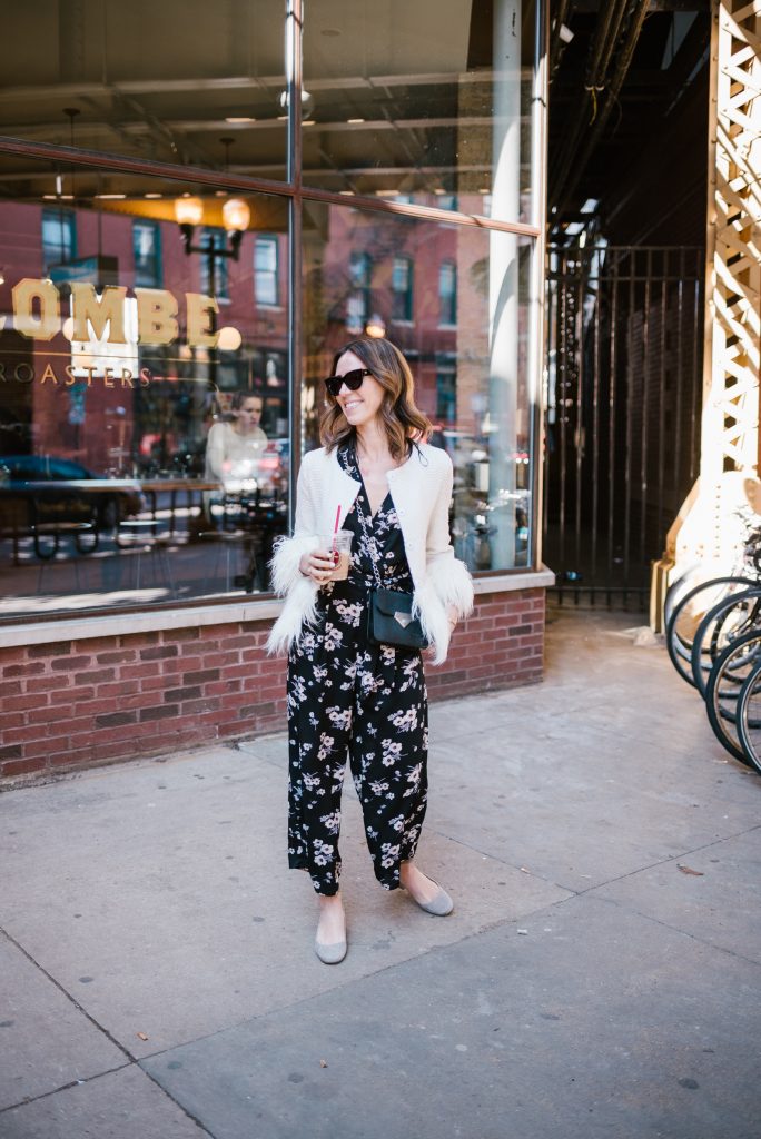 Blogger Mary Krosnjar wearing Floral Jumpsuit for Spring and La Colombe Wicker Park 