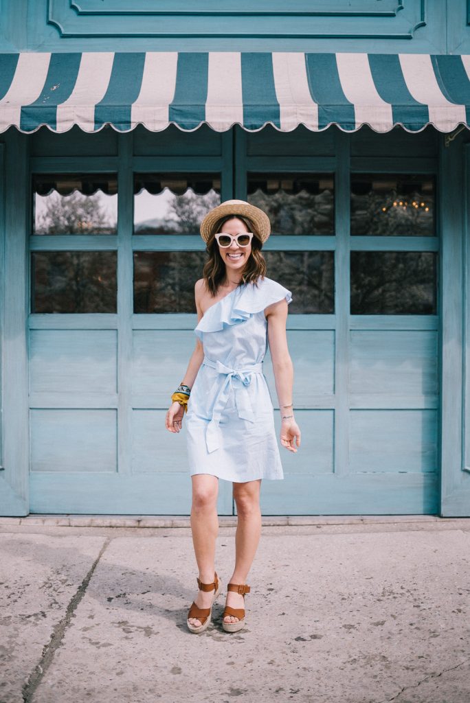 Blogger Mary Krosnjar wearing One Shoulder Mini Dress with Belt and Audrina espadrilles