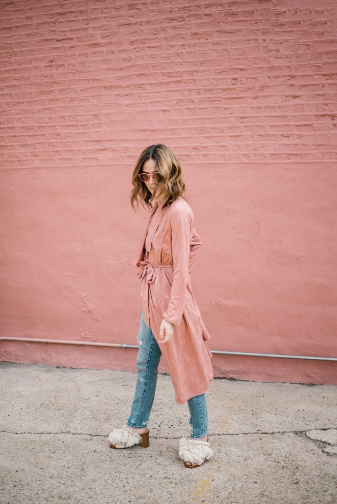 Ily Couture Blush Pink Duster Coat and Fringe Mules from Zara