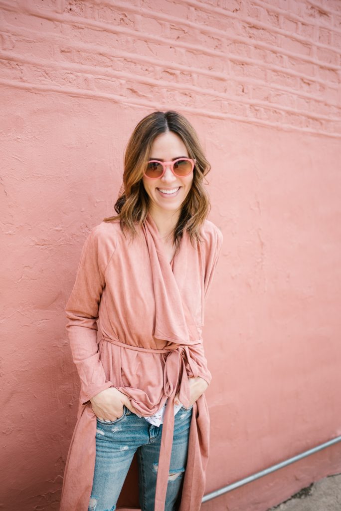 Pink Sunglasses from Loft and Blush Pink Duster Coat
