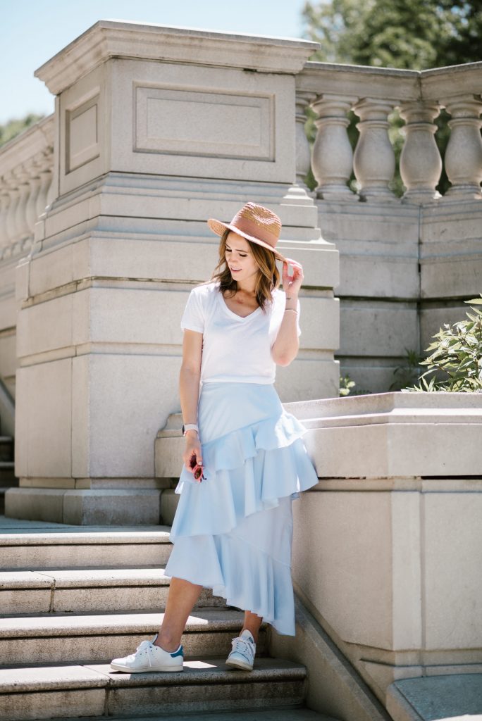 Chelsea Ruffle Midi Skirt and Stan Smith Sneakers