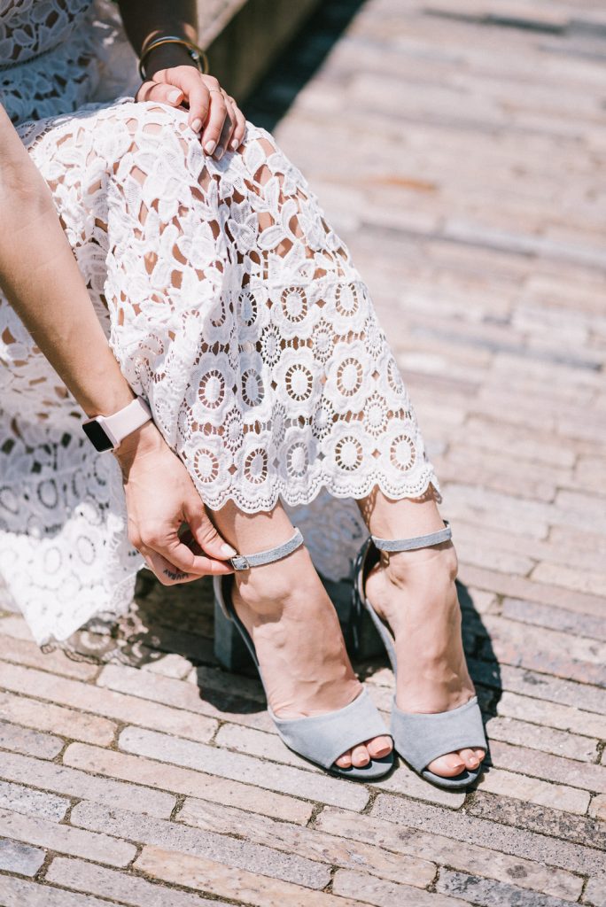 Steve Madden Blue Suede Heels and White Lace Midi Dress