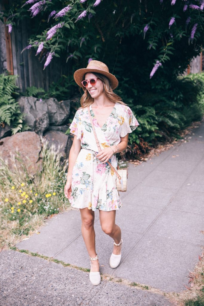 Floral Wrap Dress for Summer and Sole Society Straw Hat