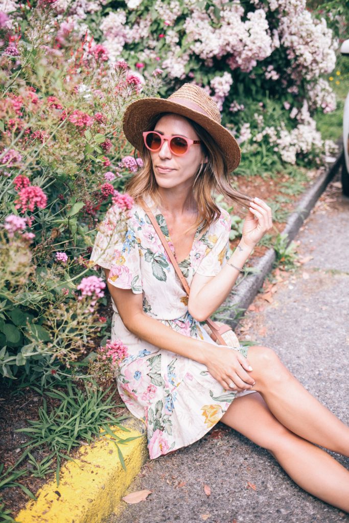 Loft pink sunglasses and Sole Society Straw Hat