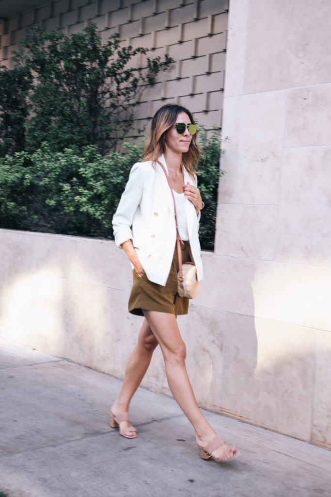 Blogger Mary Krosnjar wearing J.Crew White Blazer, high waisted shorts and steve madden nude suede sandals