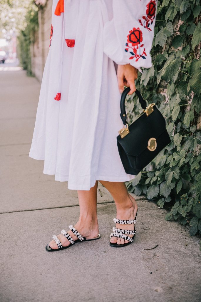 Blogger Mary Krosnjar wearing Zara pearl embellished sandals