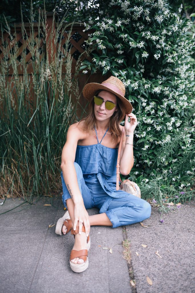 Chambray Halter Top Jumpsuit and Sole Society Aubrey Sandals