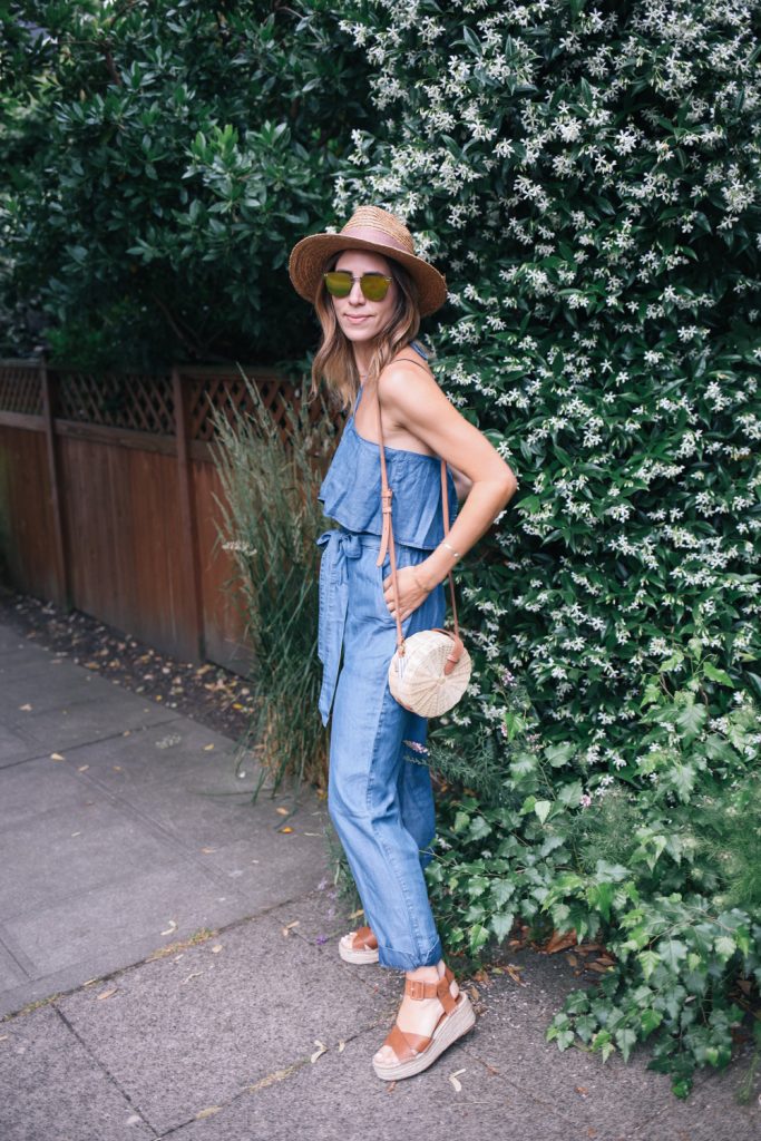 Chambray Halter Top Jumpsuit and Sole Society Straw Hat
