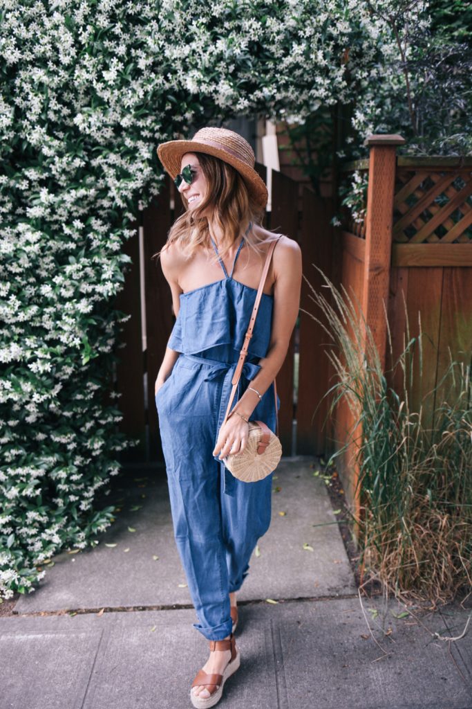 Blogger Mary Krosnjar and Chambray Halter Top Jumpsuit