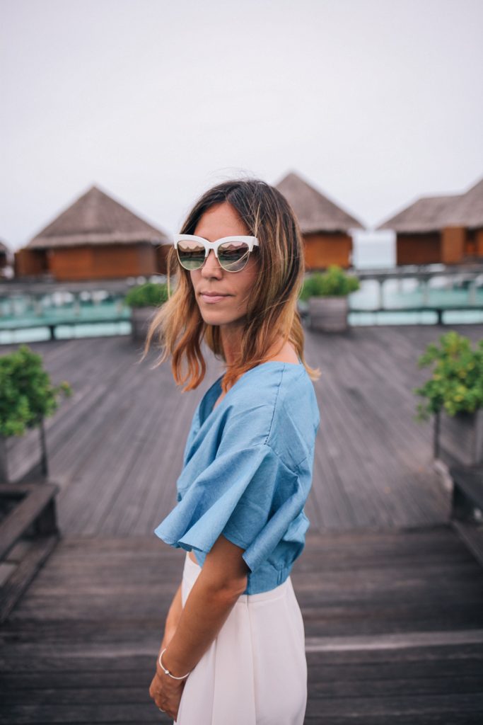 Chambray Flutter Sleeve Crop Top and Retro Style Mirrored Sunglasses