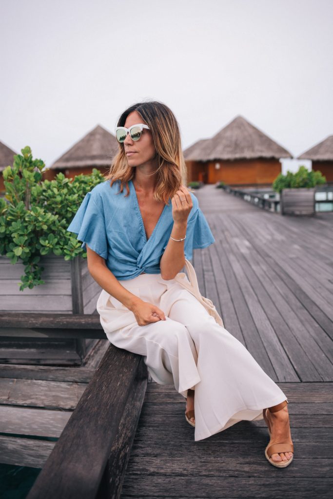 Blogger Mary Krosnjar at Baros Resort in Maldives wearing ASOS Wide Leg Pant