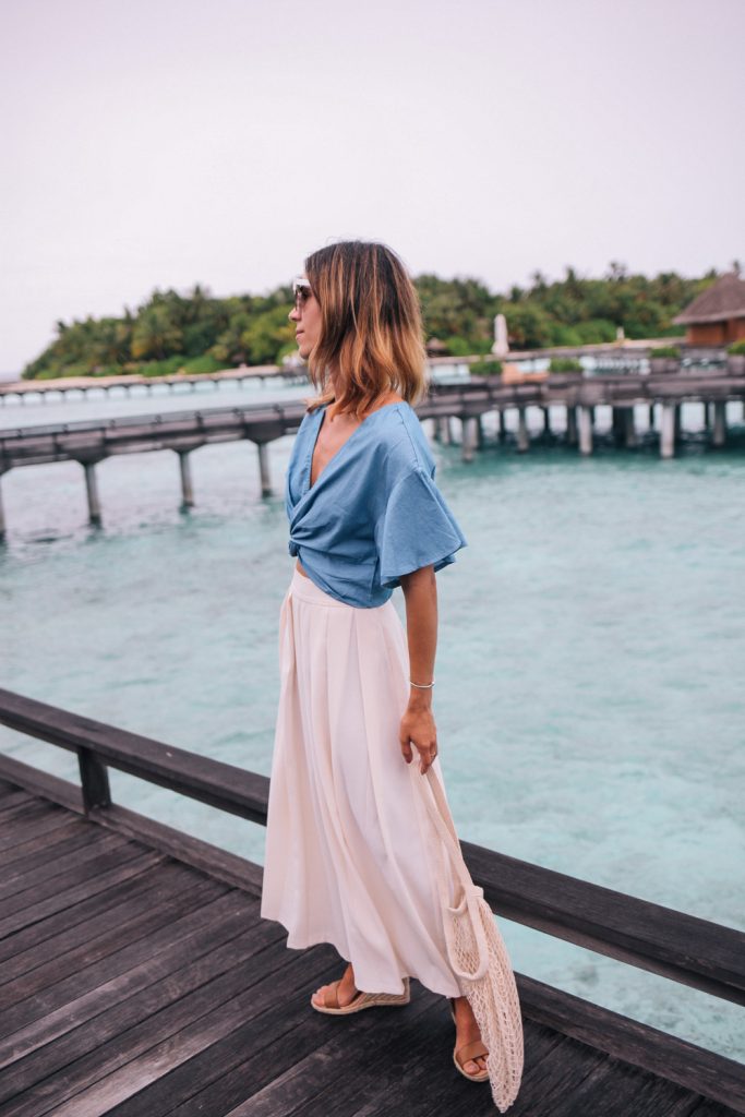Chambray crop top with flutter sleeves styled with ASOS Wide Leg Pant