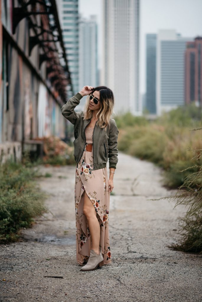Floral Tulip Hem Dress and Taupe Suede Booties