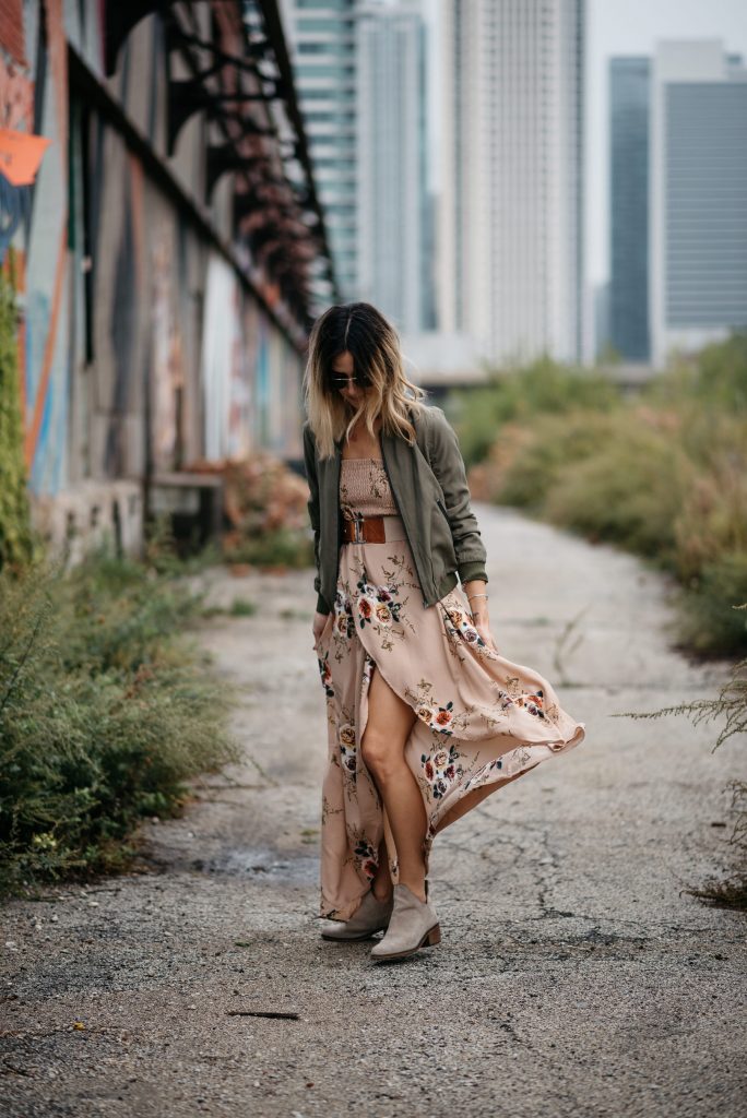 Stein Floral Tulip Hem Dress and Zara Taupe Suede Booties