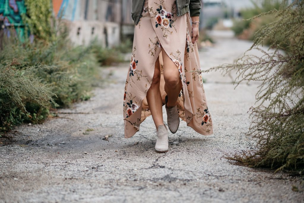 Blogger Mary Krosnjar wearing Floral Tulip Hem Dress and Taupe Booties