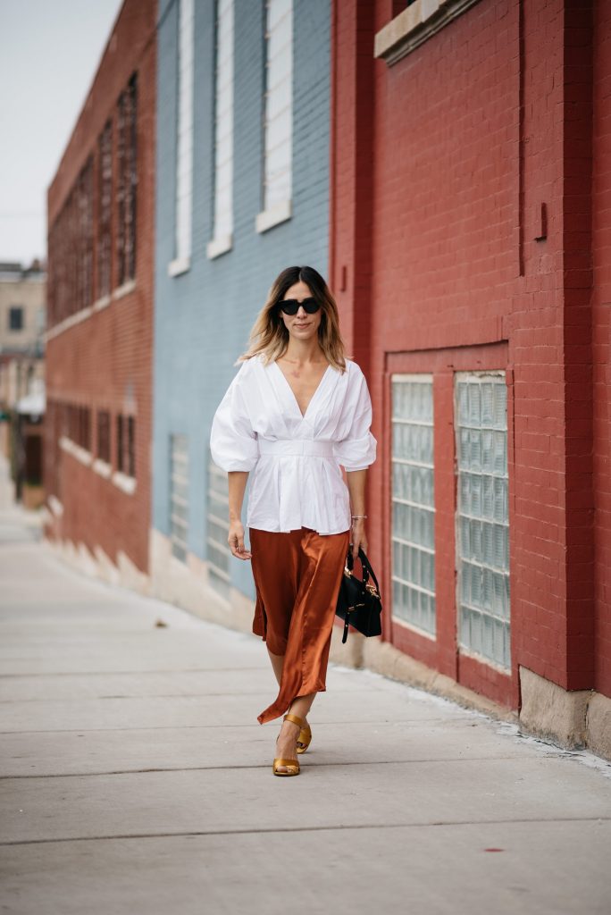 H&M Rust Satin Skirt and H&M white oversized blouse
