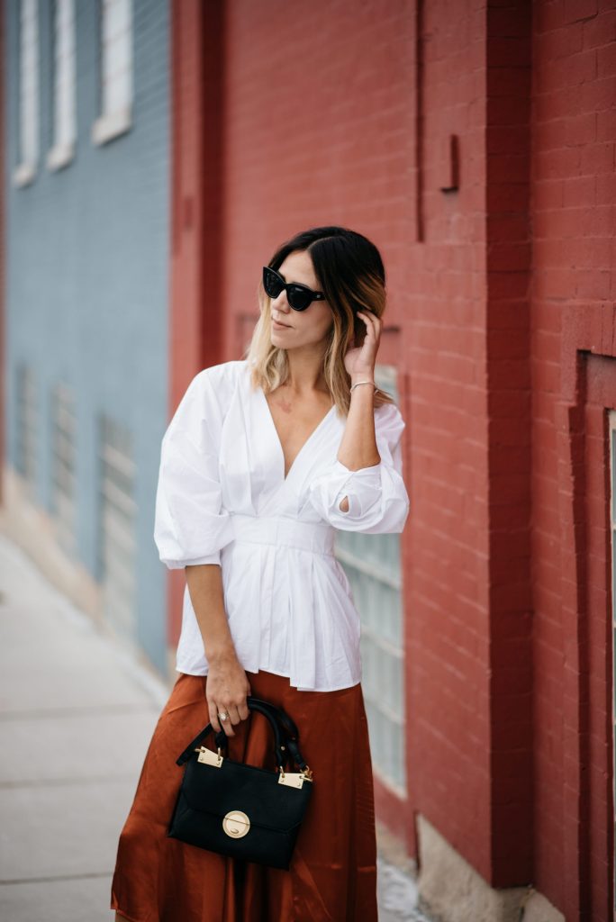 H&M White Oversized Blouse and Foley and Corina Black Bag