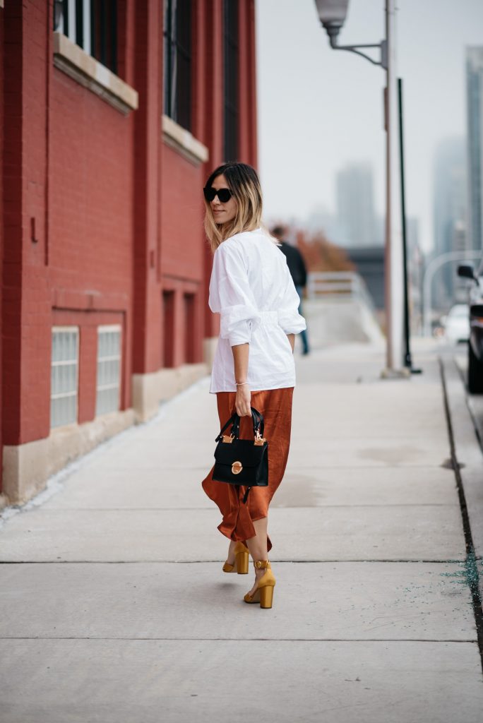 Rust Satin Skirt and Chicago Fashion Blogger