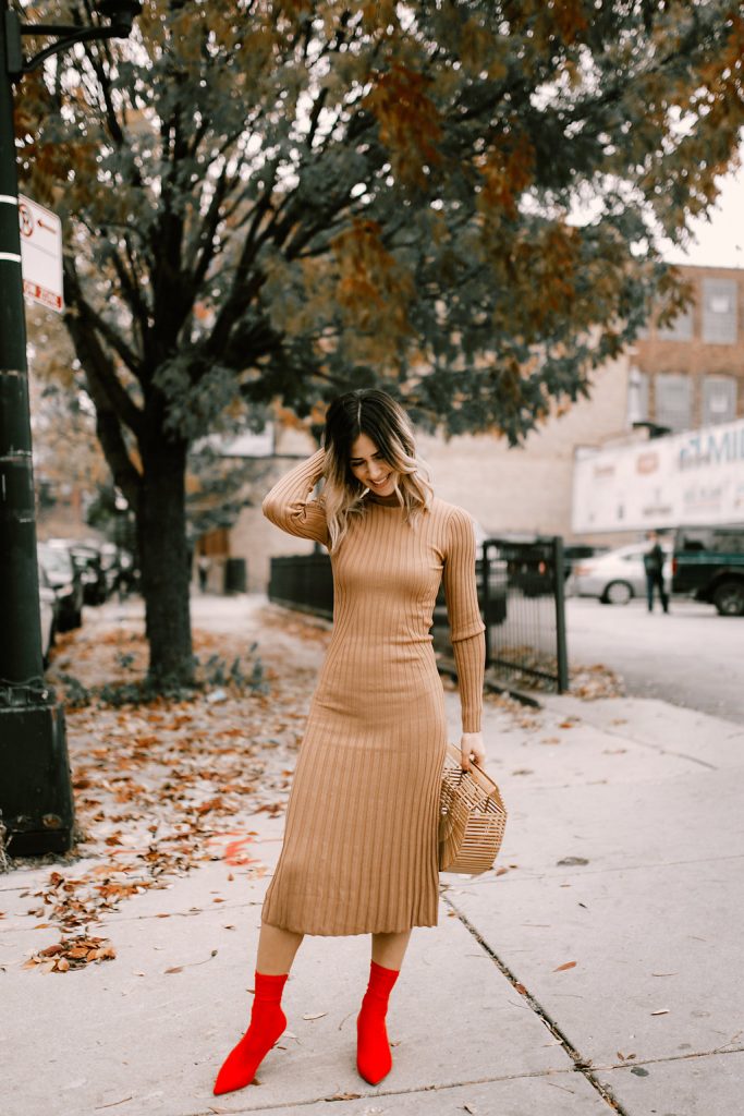 H&M Tan Knit Dress and H&M Red ankle booties