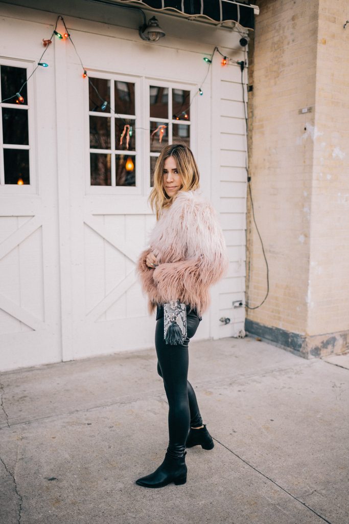 Blogger Mary Krosnjar wearing Cropped Faux Fur Jacket and Faux Leather Leggings